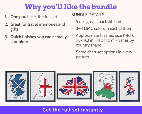 British Isles Cross Stitch Pattern Bundle: 5 Mini Flag Map Patterns