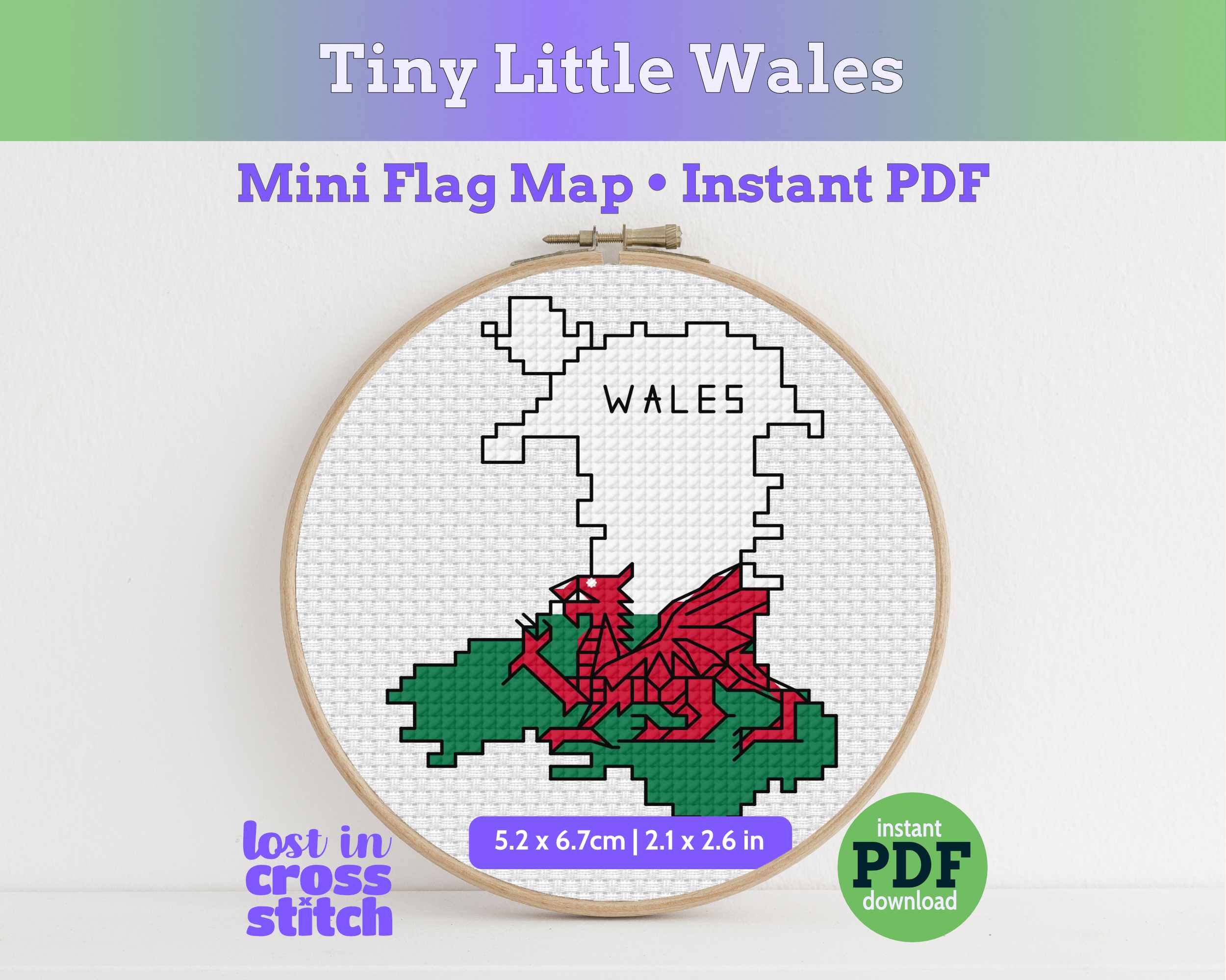 Wales Cross Stitch Pattern: Welsh Dragon Flag Map Main image