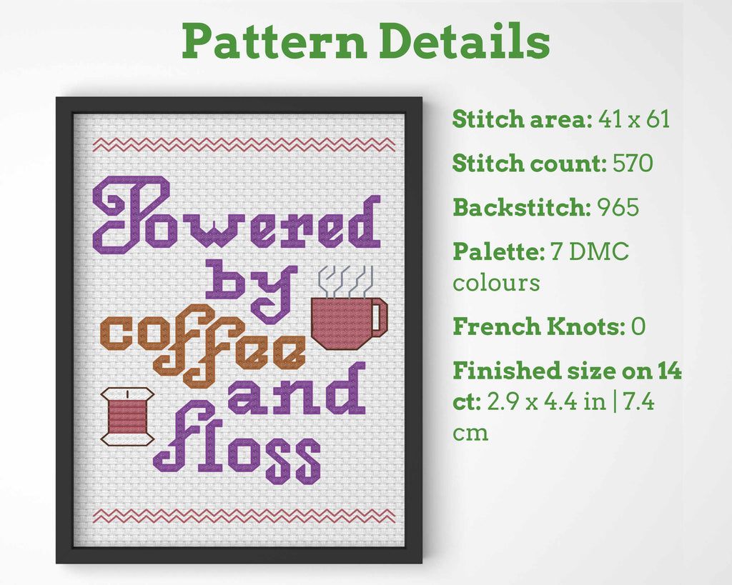 Coffee Cross Stitch Pattern: Powered by Coffee and Floss