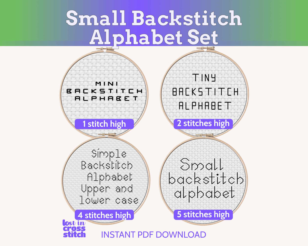 Small Backstitch Alphabet Set: Four Cross Stitch Fonts for Names and Dates