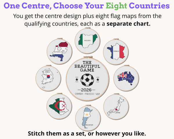 The Beautiful Game 2026 Soccer Cross Stitch Bundle: Centre Design Plus 8 Flag Maps of Your Choice