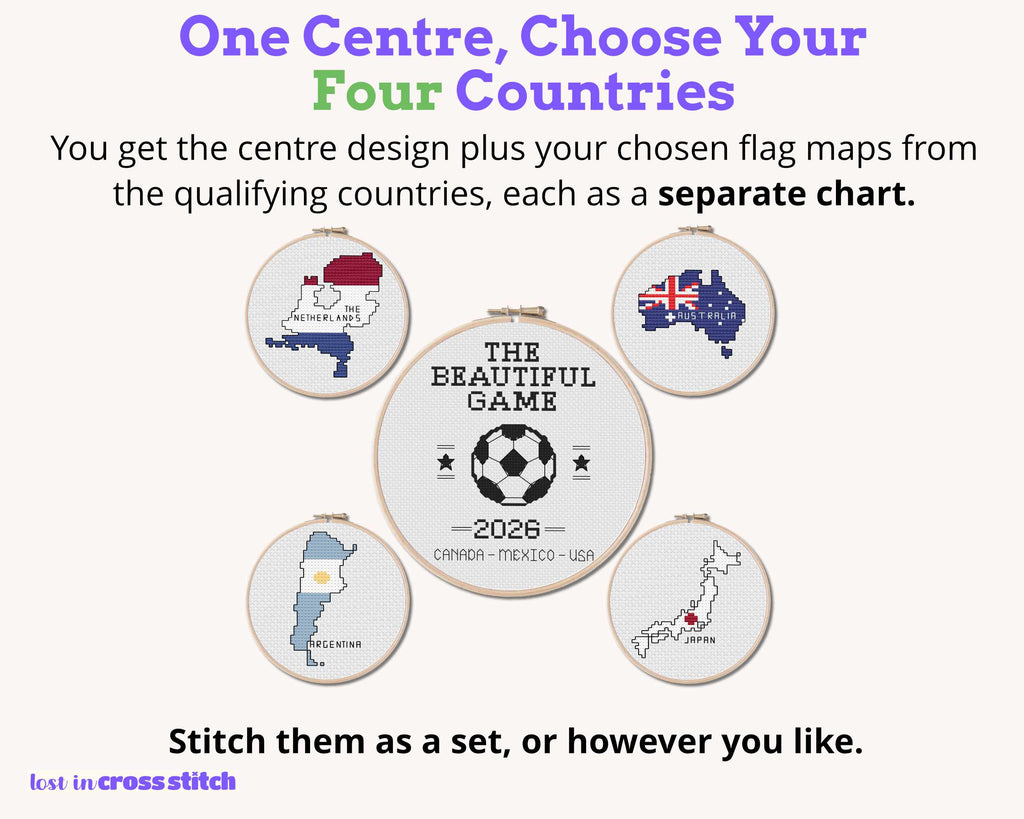 The Beautiful Game 2026 Soccer Cross Stitch Bundle: Centre Design Plus 4 Flag Maps of Your Choice